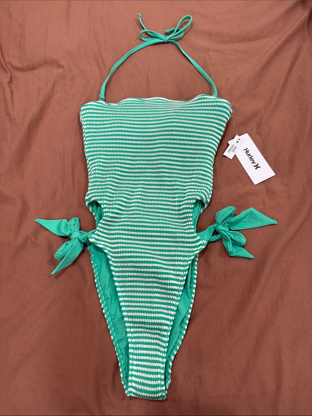 Hurley Teal and White Striped Kids One-Piece Swimsuit